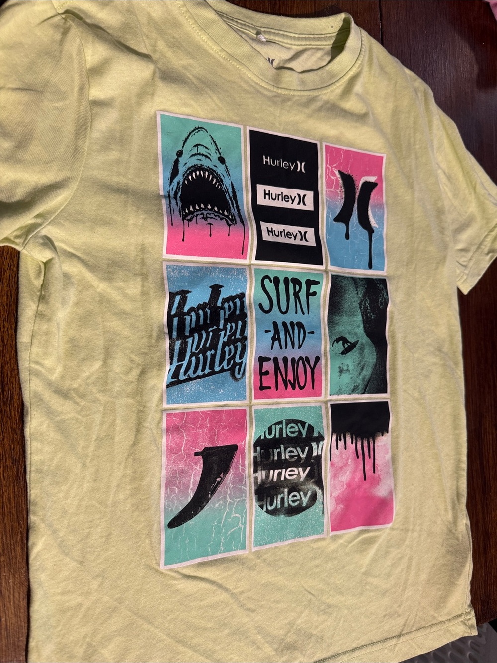 Hurley Yellow Tee with Pink & Teal Surf Grid Graphic